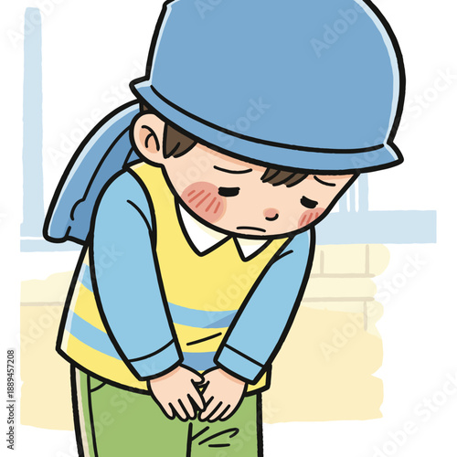 Young boy feeling embarrassed or shy with blushed cheeks