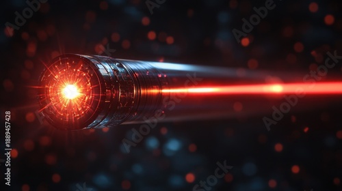 close-up of a metallic cylindrical emitter with a glowing red core firing an intense red laser beam through a dark bokeh-filled background, dramatic and powerful
