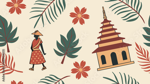 Balinese Cultural Seamless Pattern with Traditional Temple, Woman, and Tropical Plants