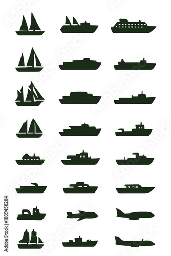 A collection of dark silhouettes depicting various types of boats and marine vessels