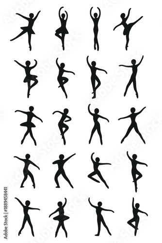 Silhouettes of ballet dancers in various poses arranged in a grid pattern