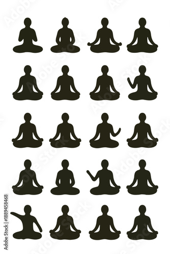 A grid of silhouetted figures meditating in the lotus position promoting calm and wellness