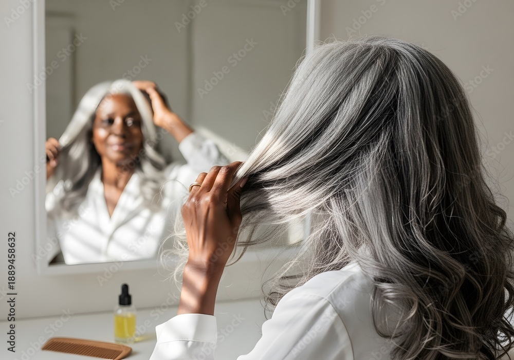 Naklejka premium Senior Black Woman with Long Gray Hair Looking in Mirror Touching Hair for Morning Beauty Routine