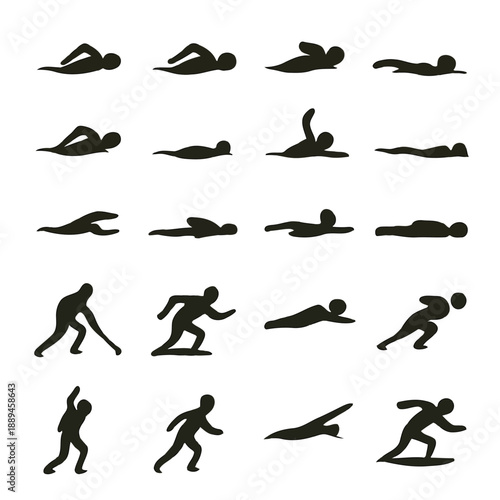 Silhouettes of people in various dynamic poses showcasing movement and human activity