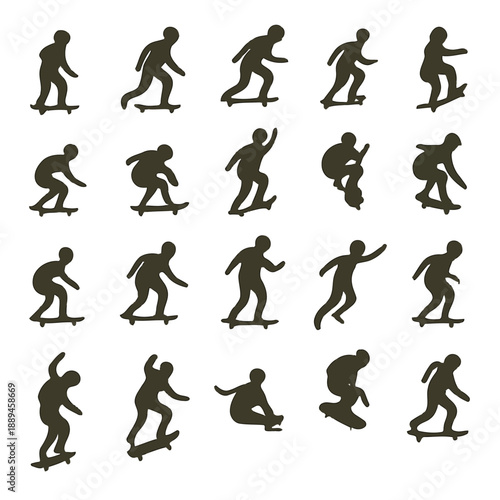 Silhouettes of skateboarders performing various tricks in a dynamic black and white arrangement