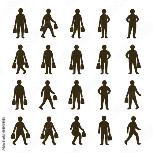 Silhouette collection depicting people walking with shopping bags in various poses high quality