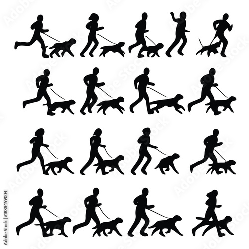 Silhouettes of people walking dogs in various dynamic poses a repeating pattern