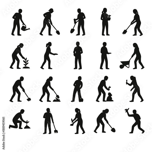 Silhouettes depicting various human actions including cleaning gardening and leisurely activities high quality