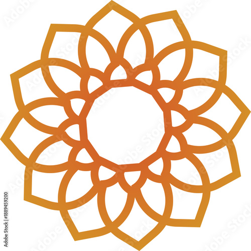 Intricate orange mandala design on white background A vibrant orange mandala with interconnected geometric shapes forming a flower-like pattern on a plain white background.