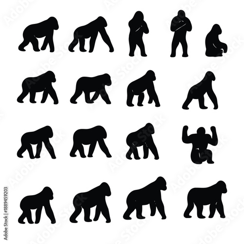 Collection of various gorilla silhouettes displayed in different poses on a white background