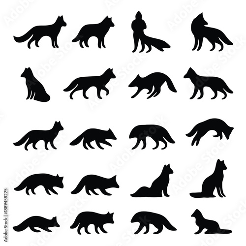 Collection of black silhouettes depicting foxes in various poses and orientations high quality