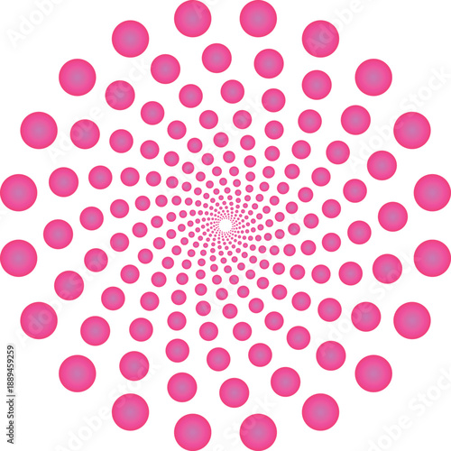 Vibrant pink dots radiating from center in a spiral pattern A mesmerizing spiral pattern of varying sized pink dots radiating outward from a central point on a white background.