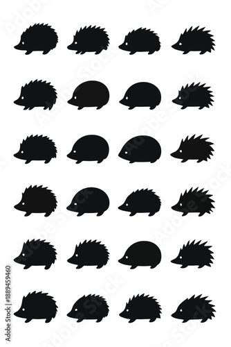 A repeating pattern showcases numerous black silhouettes of charming prickly hedgehogs high quality