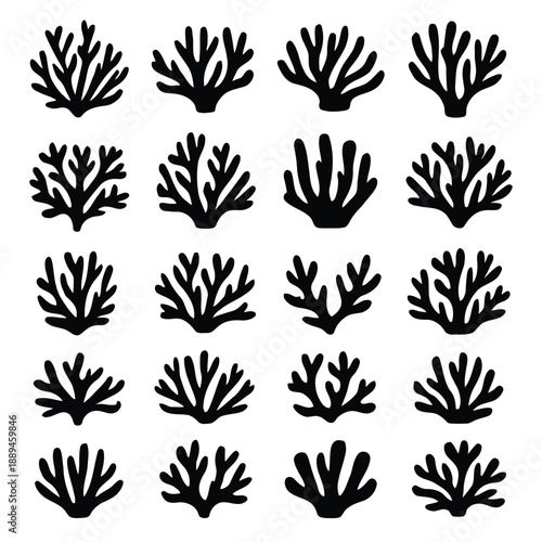 Black and white illustration displaying a grid of branching coral formations high quality