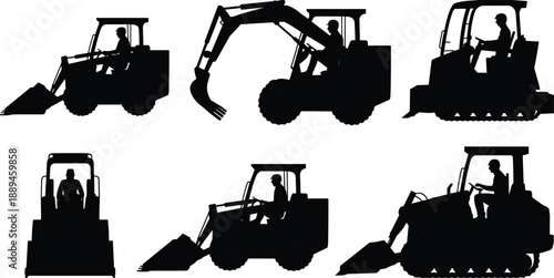 Construction vehicle silhouette set, loader excavator bulldozer machines with operator, heavy equipment icons isolated on white background
