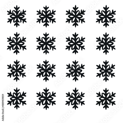 A collection of intricate black snowflakes arranged in a symmetrical grid pattern