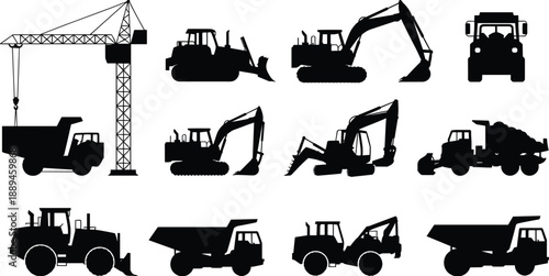 Construction machinery silhouettes set with crane excavator bulldozer dump truck loader industrial heavy equipment collection isolated