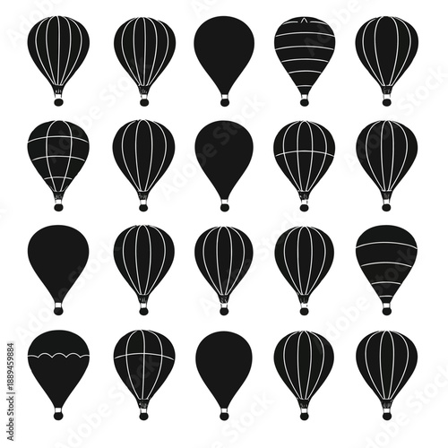 A collection of black silhouette hot air balloons arranged in a grid pattern