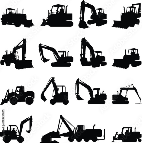 Construction machinery silhouettes set with excavators bulldozers loaders tractors heavy equipment isolated on white background illustration
