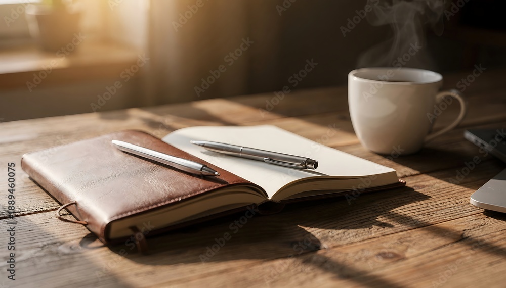 Naklejka premium A serene workspace with a notebook, pen, and steaming cup of coffee