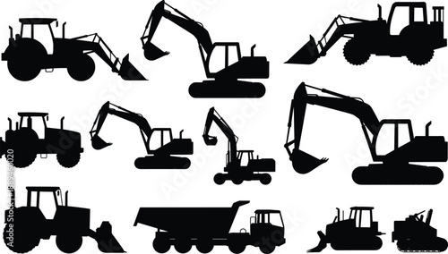 Construction machinery silhouettes set, excavator loader bulldozer dump truck heavy equipment collection isolated on white background illustration