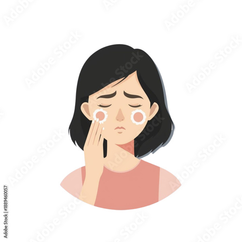 Illustration of a young woman experiencing significant eye discomfort, possibly due to allergies or irritation, as she touches her sensitive facial area with a concerned expression