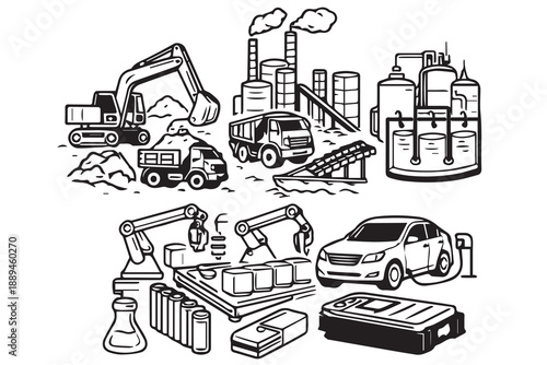 A mining themed vector shows the step by step process of nickel extraction, refinement, and conversion into batteries, highlighting industry, technology, and the future of electric transportation.