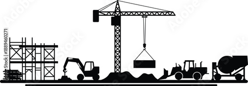 Construction site silhouette with tower crane, excavator, concrete mixer, scaffolding, heavy machinery, industrial building development illustration concept