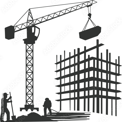Construction site silhouette with tower crane lifting materials, workers and building framework, industrial development, engineering work, black vector illustration
