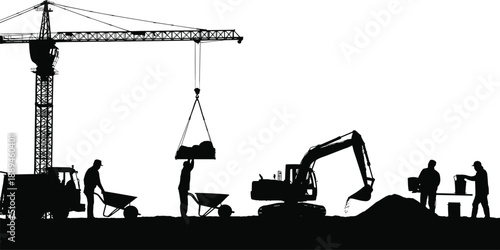 Construction site silhouette with tower crane, excavator, workers, wheelbarrows, material lifting, heavy machinery, industrial building process illustration
