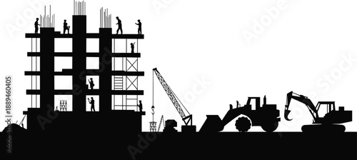 Construction site silhouette with workers, cranes, excavator, building framework, heavy machinery, urban development, industrial infrastructure progress illustration