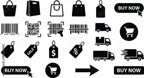 Collection of retail and e-commerce vector icons featuring shopping bags, delivery trucks, barcodes, QR codes, price tags, and buy buttons.