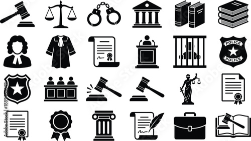 Comprehensive set of law and justice icons including judge gavels, scales, handcuffs, police badges, law books, courthouses, and legal documents.