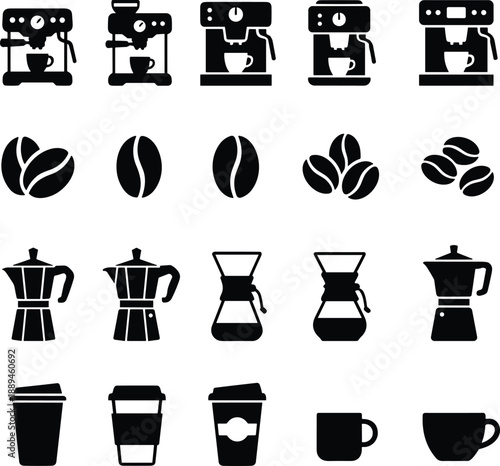 Assortment of coffee culture icons featuring espresso machines, moka pots, french presses, coffee beans, paper cups, and various brewing equipment.