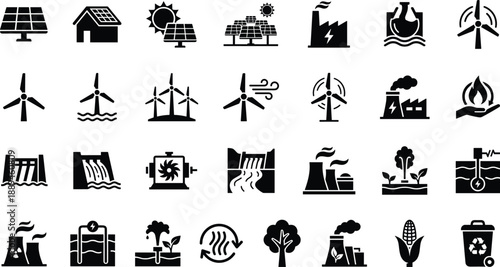 Set of renewable and non-renewable energy icons showing solar panels, wind turbines, nuclear plants, hydroelectric dams, and fossil fuel factories.