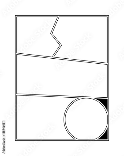 Abstract geometric layout with jagged lines, trapezoid, and circle in black outline. Ideal for design, comic, and modern visual concepts