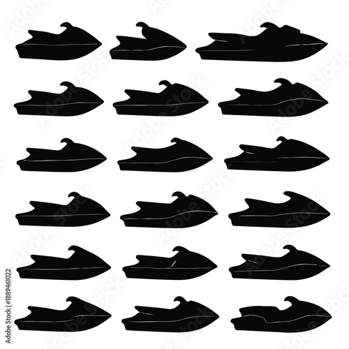 A collection of black silhouettes depicting various jet ski designs against white