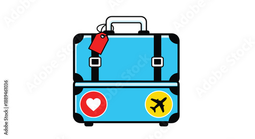 A brightly colored stacked suitcase adorned with travel stickers and a handle is displayed