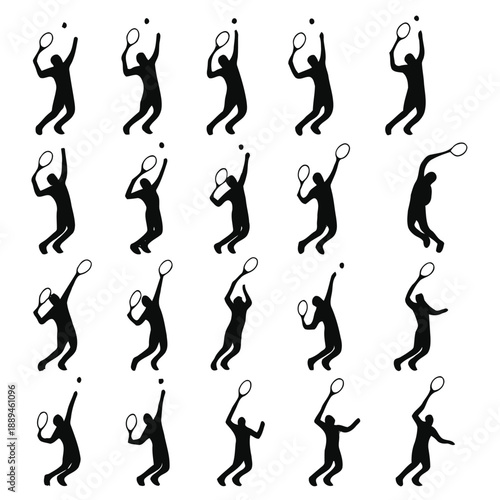 A sequence of silhouetted figures depicting a tennis serve motion in multiple phases