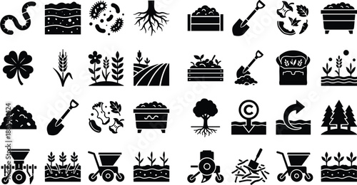 Title: Black silhouette icon collection featuring soil layers, composting process, organic farming, root systems, earthworms, and sustainable agriculture symbols for ecological projects.