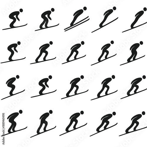 Silhouettes of surfers riding waves in a repeating pattern against a white background