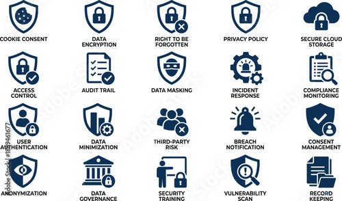Title: Data privacy and security icons set featuring gdpr compliance, encryption, cookie consent, access control, and cyber safety symbols for websites.