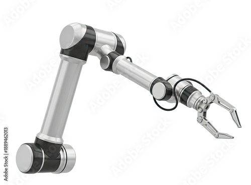 A robotic arm with a metallic and black arm and a gripping claw on a png transparent