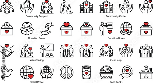 Title: Community Support and Charity Icons Set Featuring Volunteering Donation Food Bank and Social Welfare Symbols for Humanitarian Projects