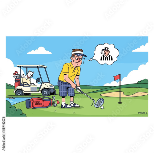 A frustrated and sweaty golfer struggles on the green, with a cat driving his golf cart in the background, imagining a referee.