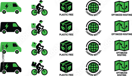Title: Eco Friendly Logistics and Sustainable Delivery Icons Set Featuring Electric Vehicles Carbon Neutral Shipping and Plastic Free Packaging