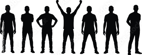 Diverse group of men silhouettes standing in various poses for corporate teamwork leadership success community communication active lifestyle and professional networking