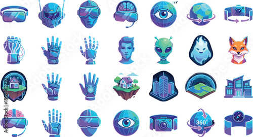 Title: Futuristic Metaverse and Virtual Reality Icons Set Featuring Avatars VR Headsets and Digital World Elements for Gaming Design