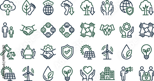 Title: Sustainable Development and Eco Friendly Icon Set Featuring Renewable Energy Climate Action and Corporate Social Responsibility Symbols