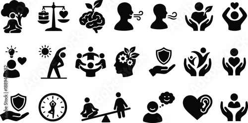 Collection of black solid silhouette icons depicting mental health awareness psychology brain functions and emotional well being for medical design.